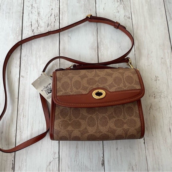NWT COACH Coated Canvas Kip Turnlock Crossbody B4/Tan Rust 7”x5.25”x4” AS IS - Picture 2 of 12